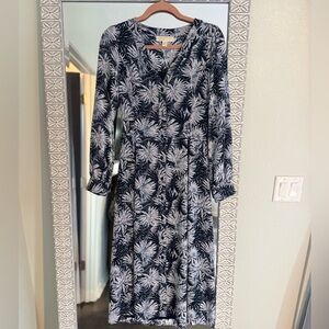 Michael Kors Navy and White Palm Leaf Long Sleeve Shirt Dress